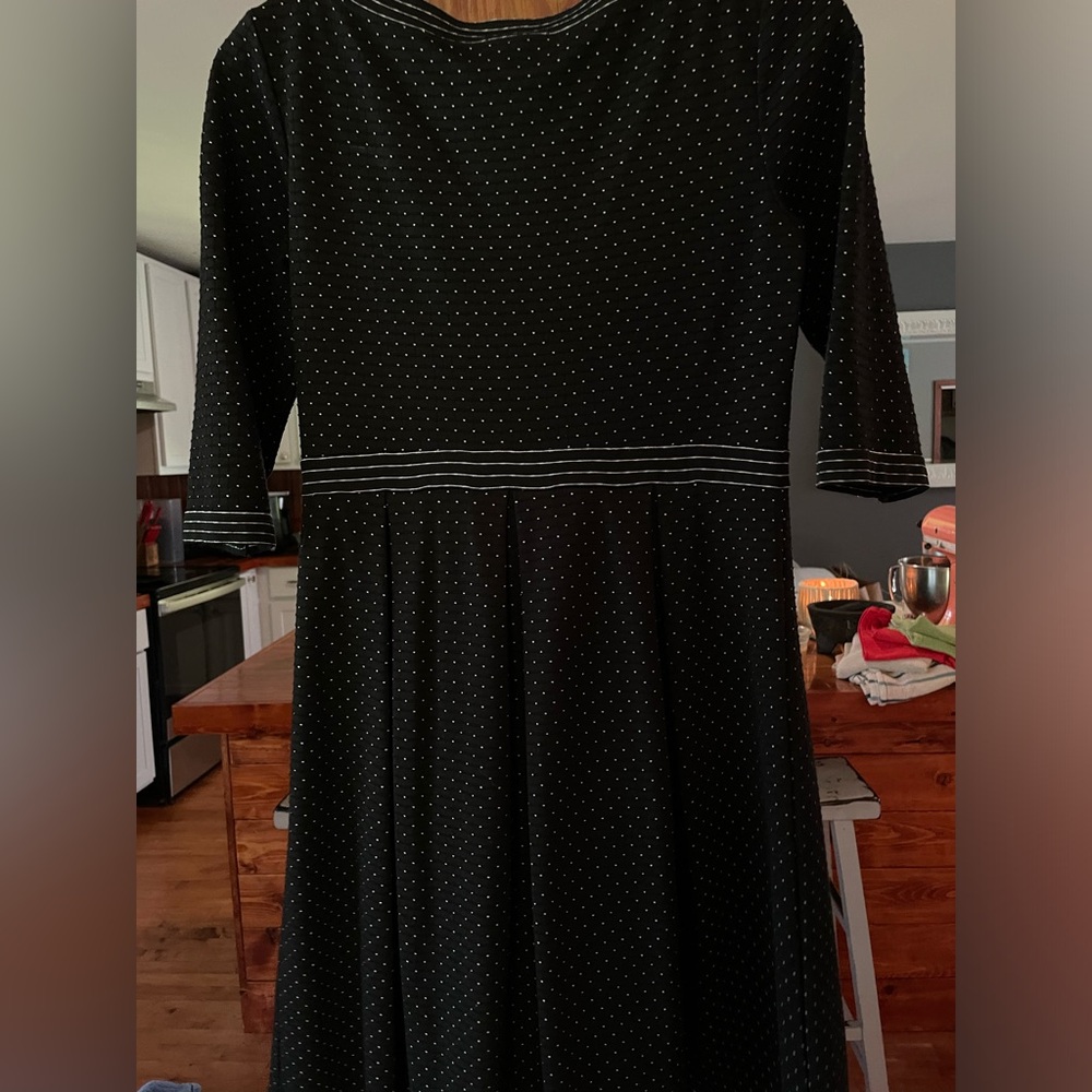 Elagant Black Under-Knee length dress. White Polka Dots. WILL DRY CLEAN!